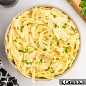 dairy-free alfredo sauce over pasta in a bowl