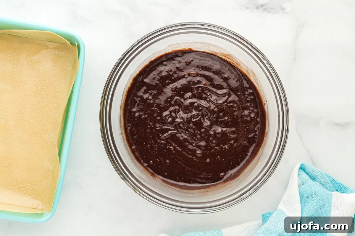 Fudgy Flourless Delights 9 Batter for flourless brownies in a glass mixing bowl.