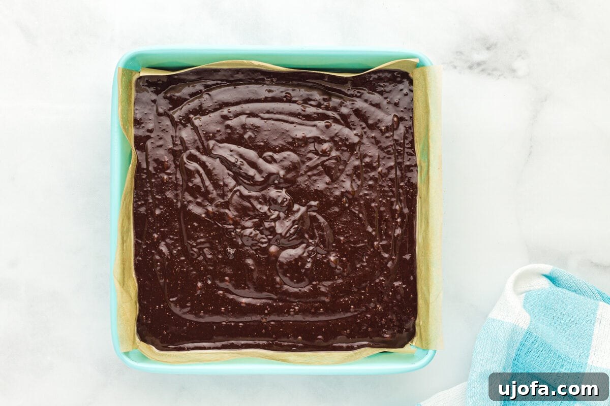 Fudgy Flourless Delights 10 Flourless brownie batter in a brownie pan.