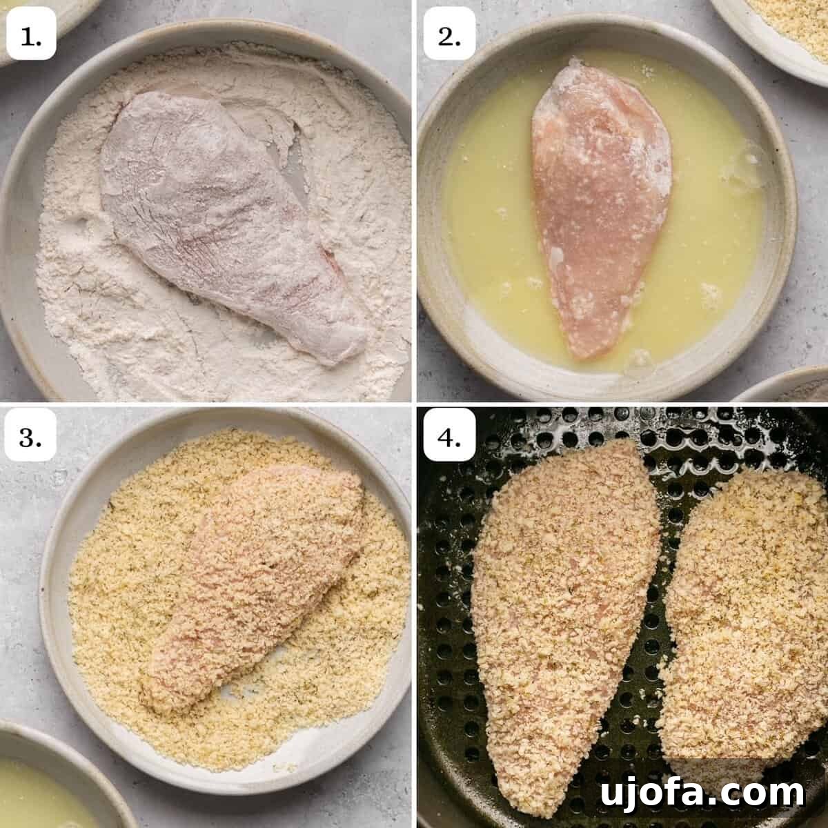 Step-by-step photos illustrating the process of making chicken cutlets in the air fryer, including pounding, dredging, and cooking.
