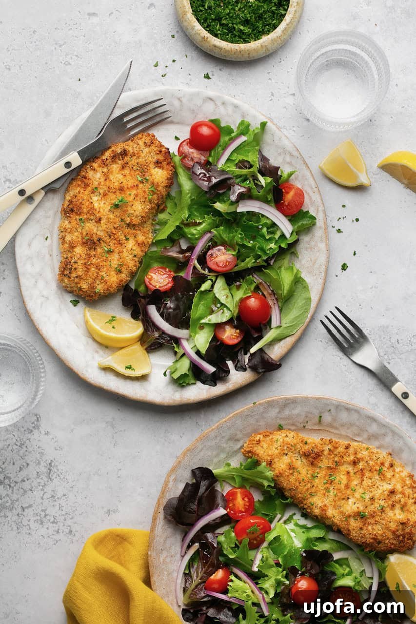 Two plates of air fryer chicken cutlets, each served with a fresh side salad and lemon slices for garnish, ready to be enjoyed.