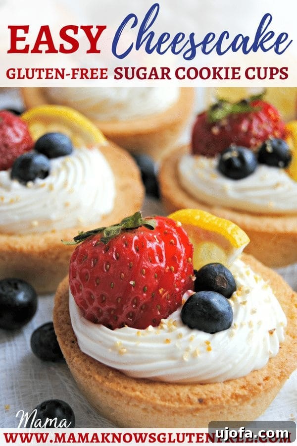 Gluten-Free Cheesecake Stuffed Sugar Cookie Cups 5 Stack of Gluten-Free Cheesecake Sugar Cookie Cups with berries