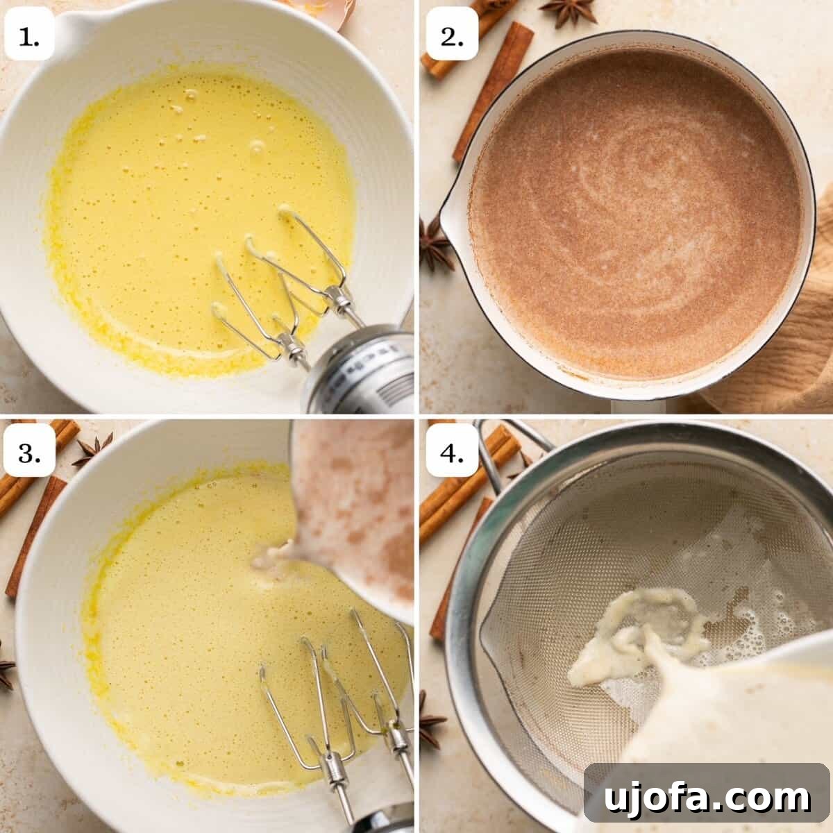 Plant-Based Eggnog 9 The initial four steps of preparing homemade eggnog on the stovetop, demonstrating the gentle cooking process.