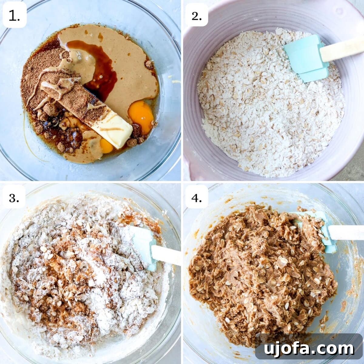 Three steps illustrating the initial mixing process for gluten-free monster cookies: combining wet ingredients, then dry ingredients, then mixing them together.