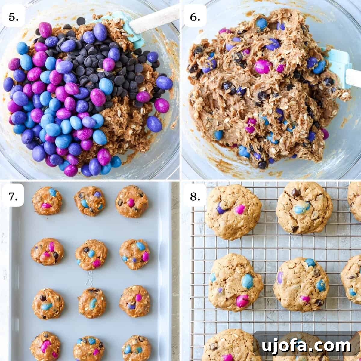 The final four steps for making gluten-free monster cookies: adding mix-ins, scooping dough, shaping cookies, and baking on a sheet.