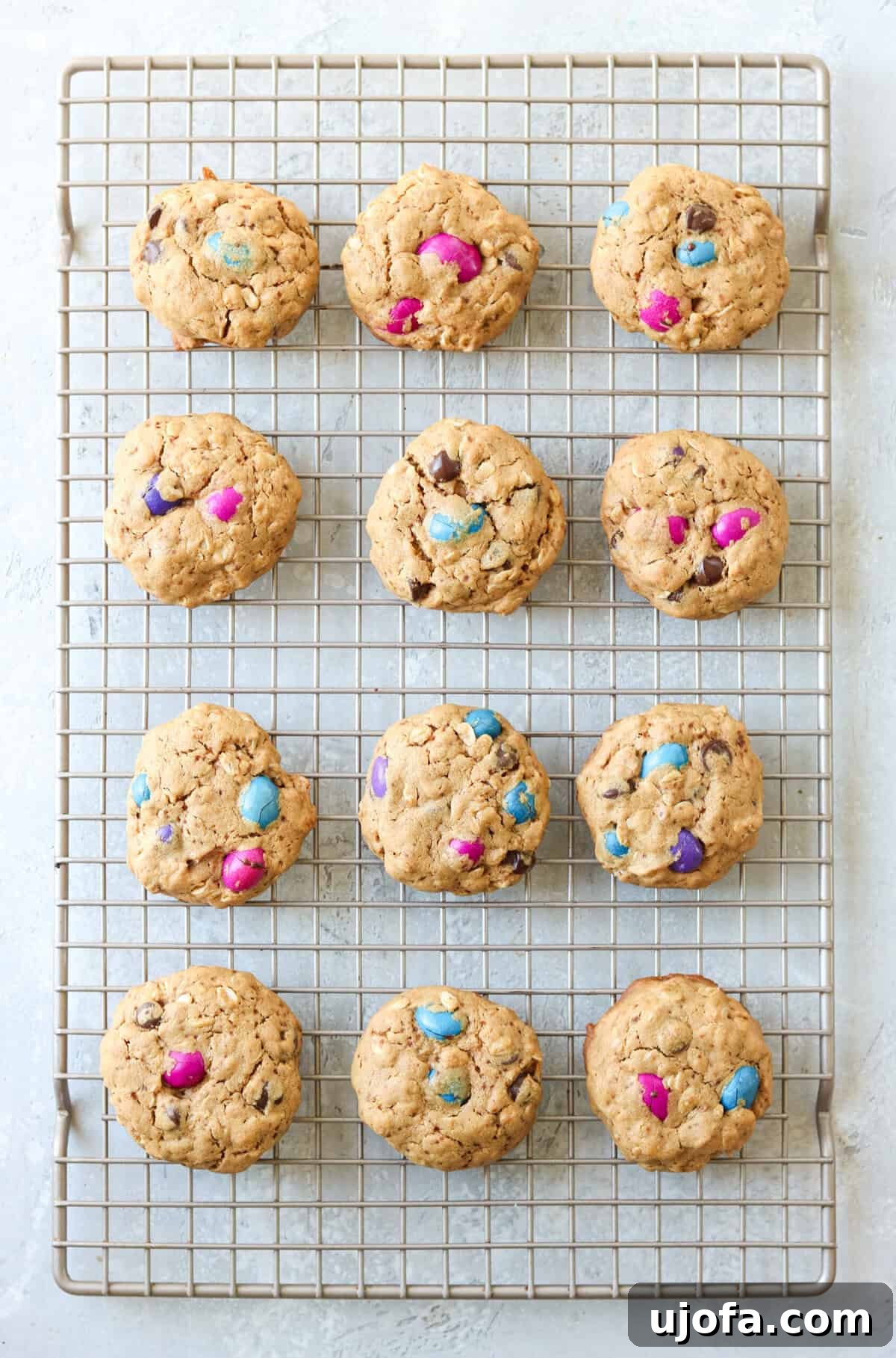 Freshly baked gluten-free monster cookies cooling on a wire rack, showing their appealing golden-brown edges and colorful candies.