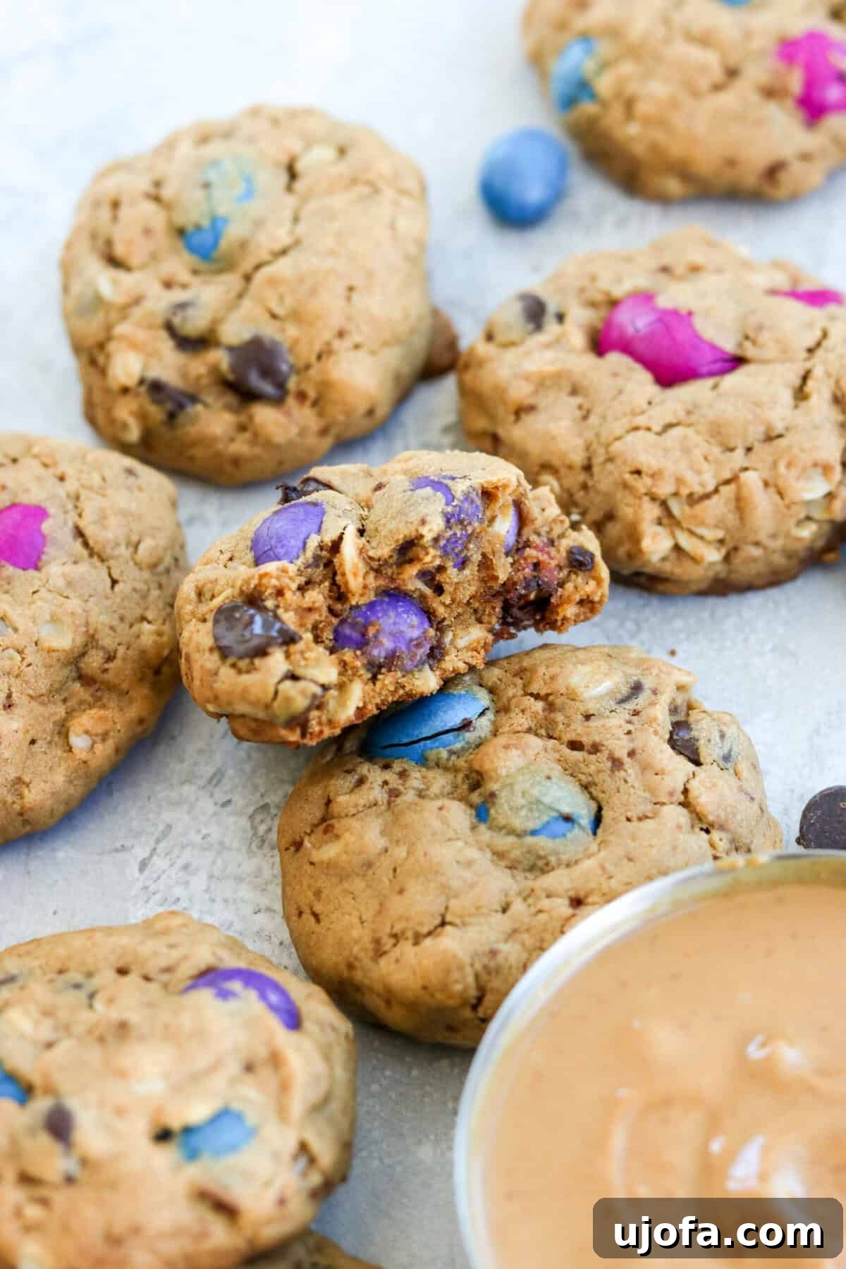 A close-up of gluten-free monster cookies, one with a bite taken out, showcasing the chewy interior and abundant chocolate chips and candies.
