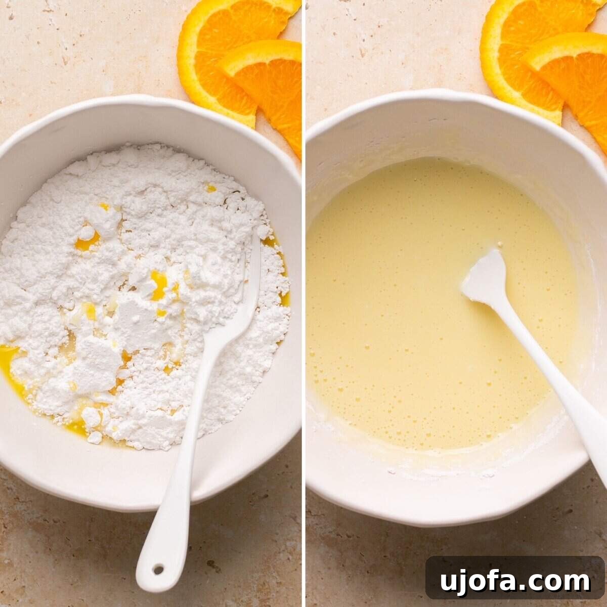 Two Pictures Showing a Before and After for Making Orange Glaze