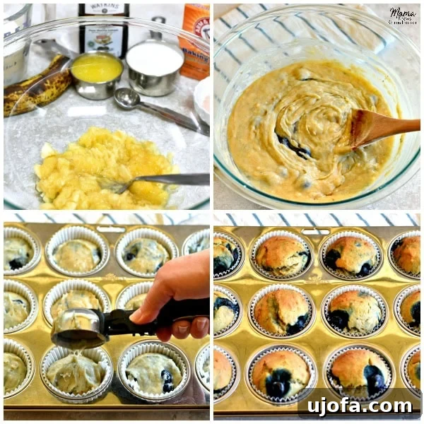 gluten-free blueberry banana muffins recipe steps photo collage