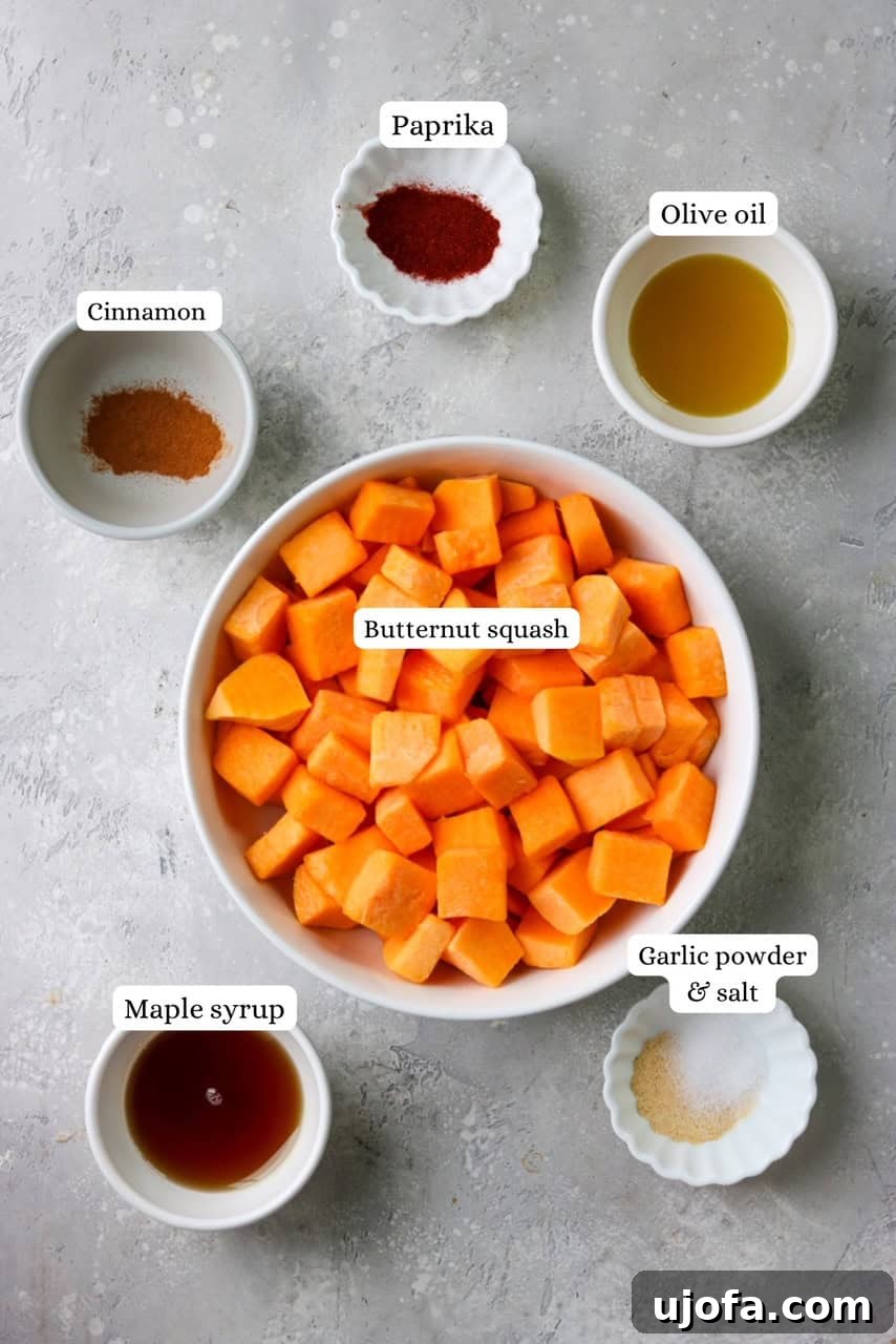 Effortless Air Fryer & Roasted Butternut Squash 3 Ingredients for air fryer butternut squash, including spices and oil