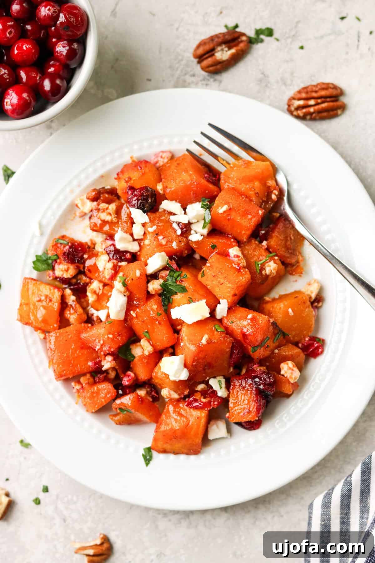 Effortless Air Fryer & Roasted Butternut Squash 8 Butternut squash with feta and cranberries on a plate with a fork