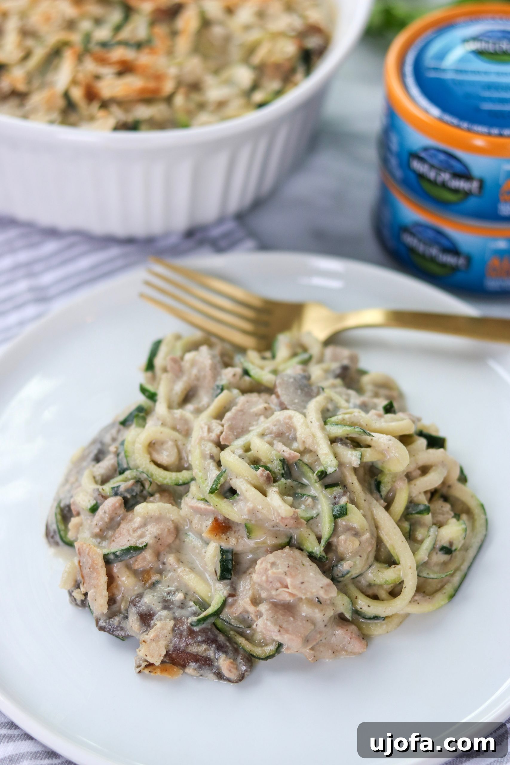 Creamy Tuna Zoodle Casserole, a healthy and low-carb comfort food dish