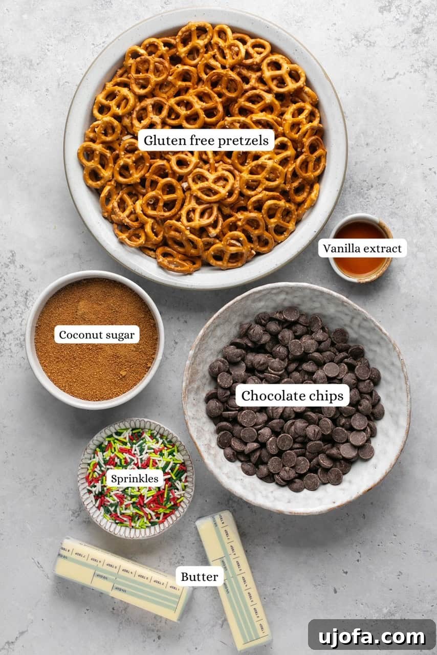 Ingredients laid out for Gluten-Free Pretzel Christmas Crack, including pretzels, butter, sugar, vanilla, and chocolate chips