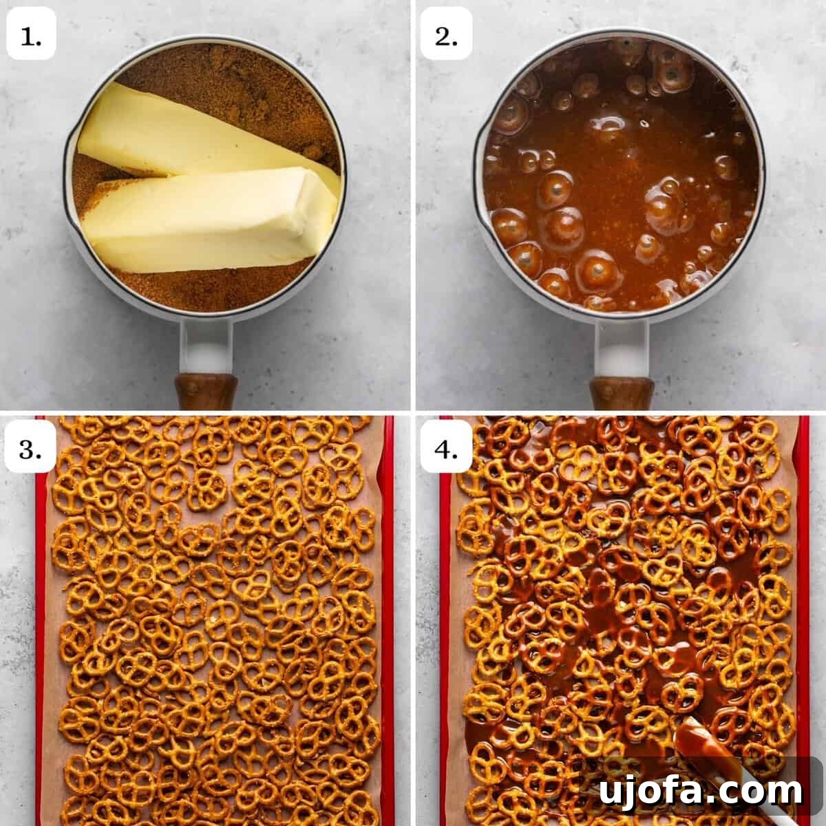 First four steps of making Pretzel Christmas Crack: preparing pretzels and making caramel