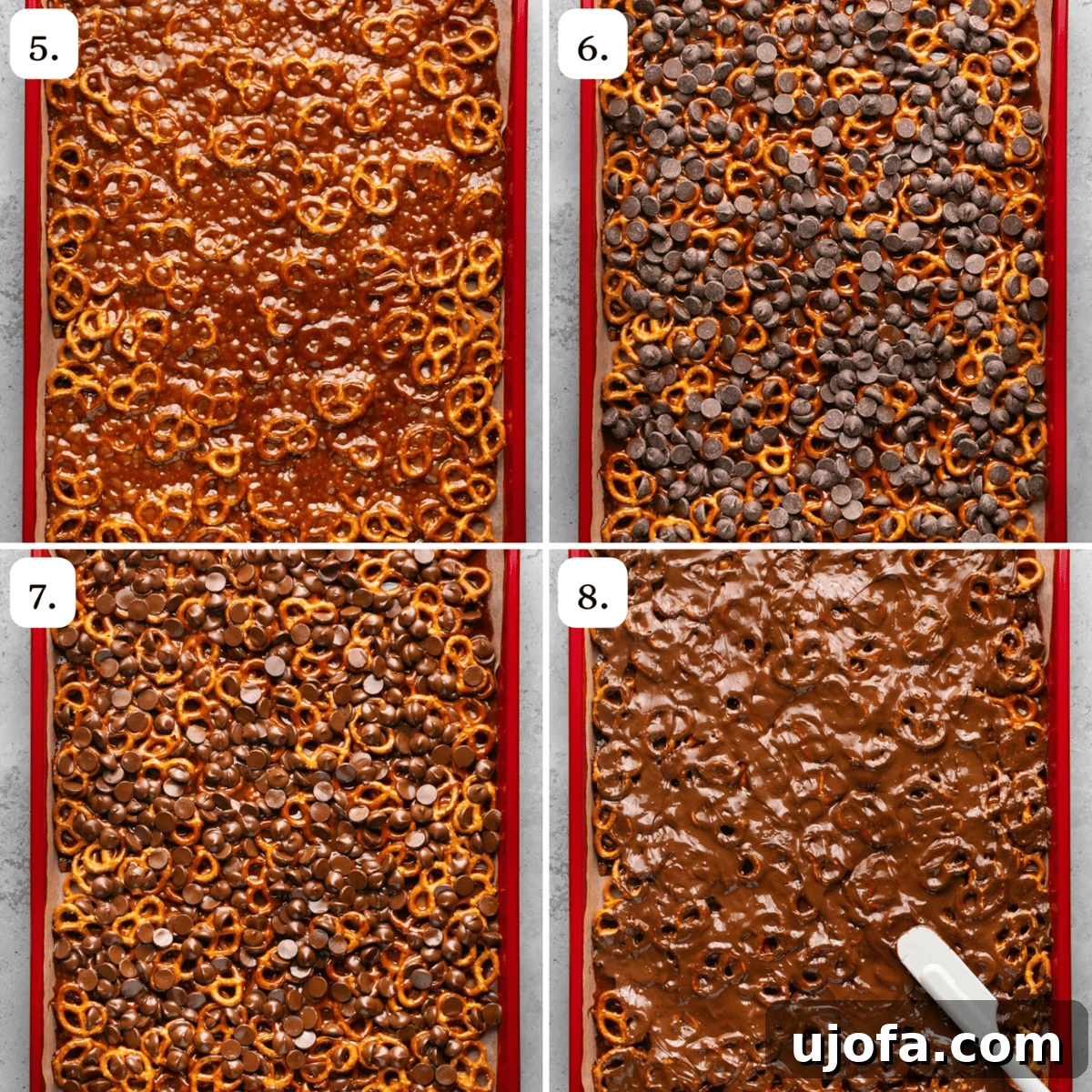 Last four steps of making Pretzel Christmas Crack: baking with chocolate and adding sprinkles
