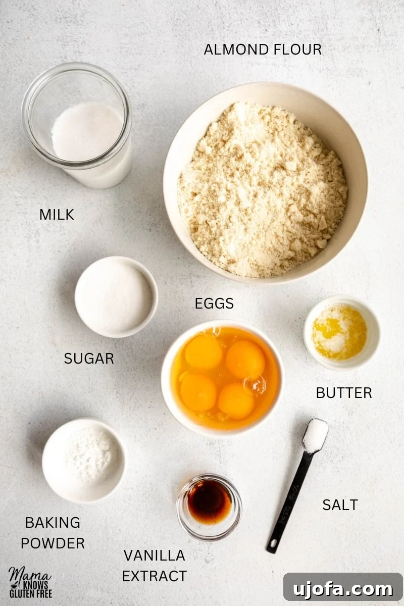 Almond Cloud Waffles 3 Ingredients for Gluten-Free Almond Flour Wafflers in bowls, cups and measuring spoons