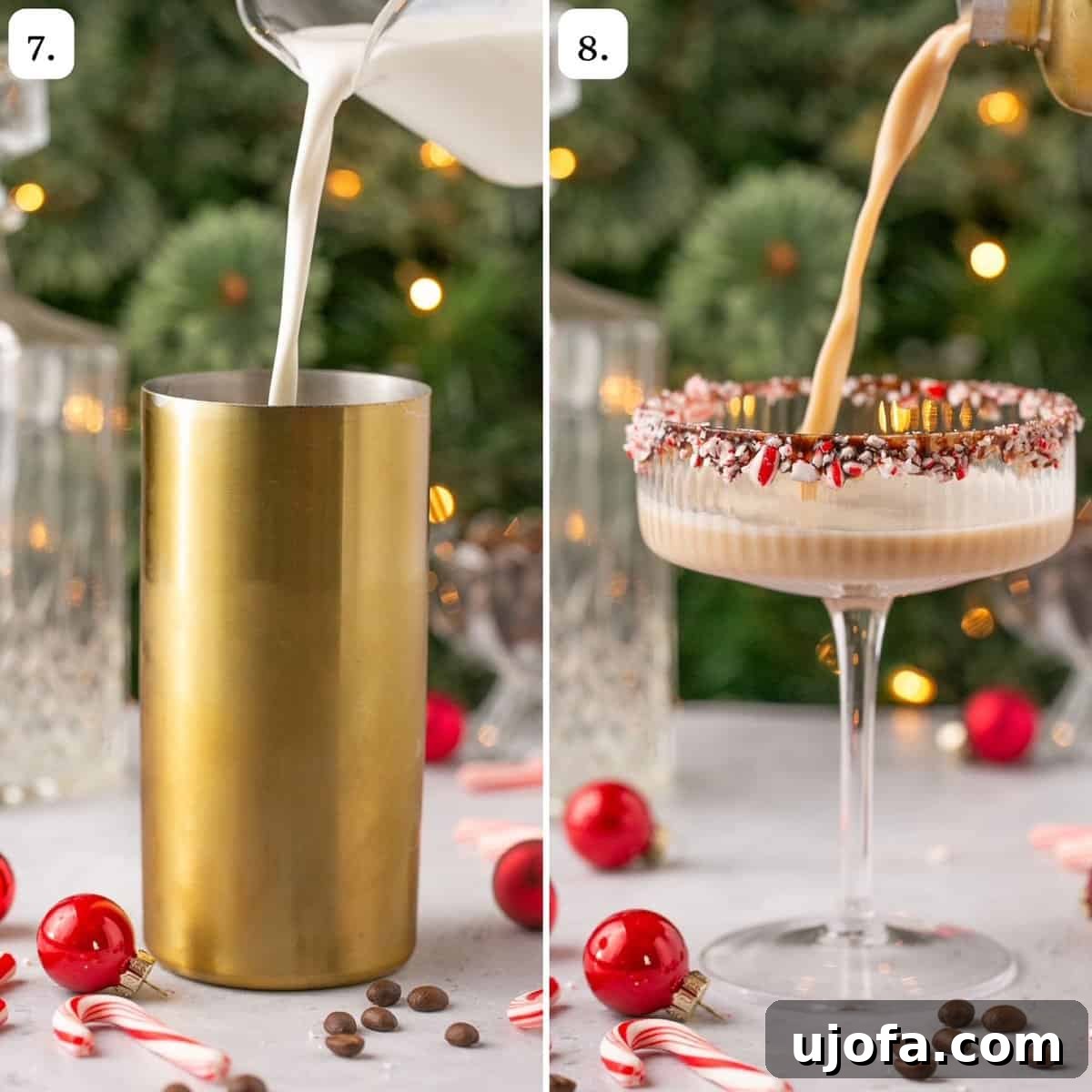 Steps 7 and 8 for making espresso martinis with peppermint