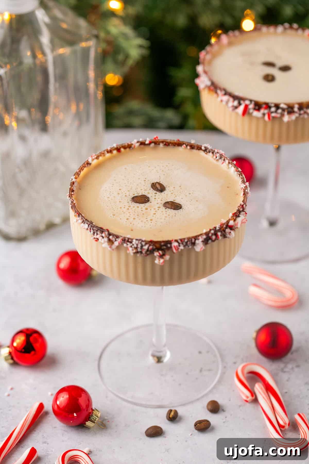 peppermint espresso martinis surrounded by light and ornaments