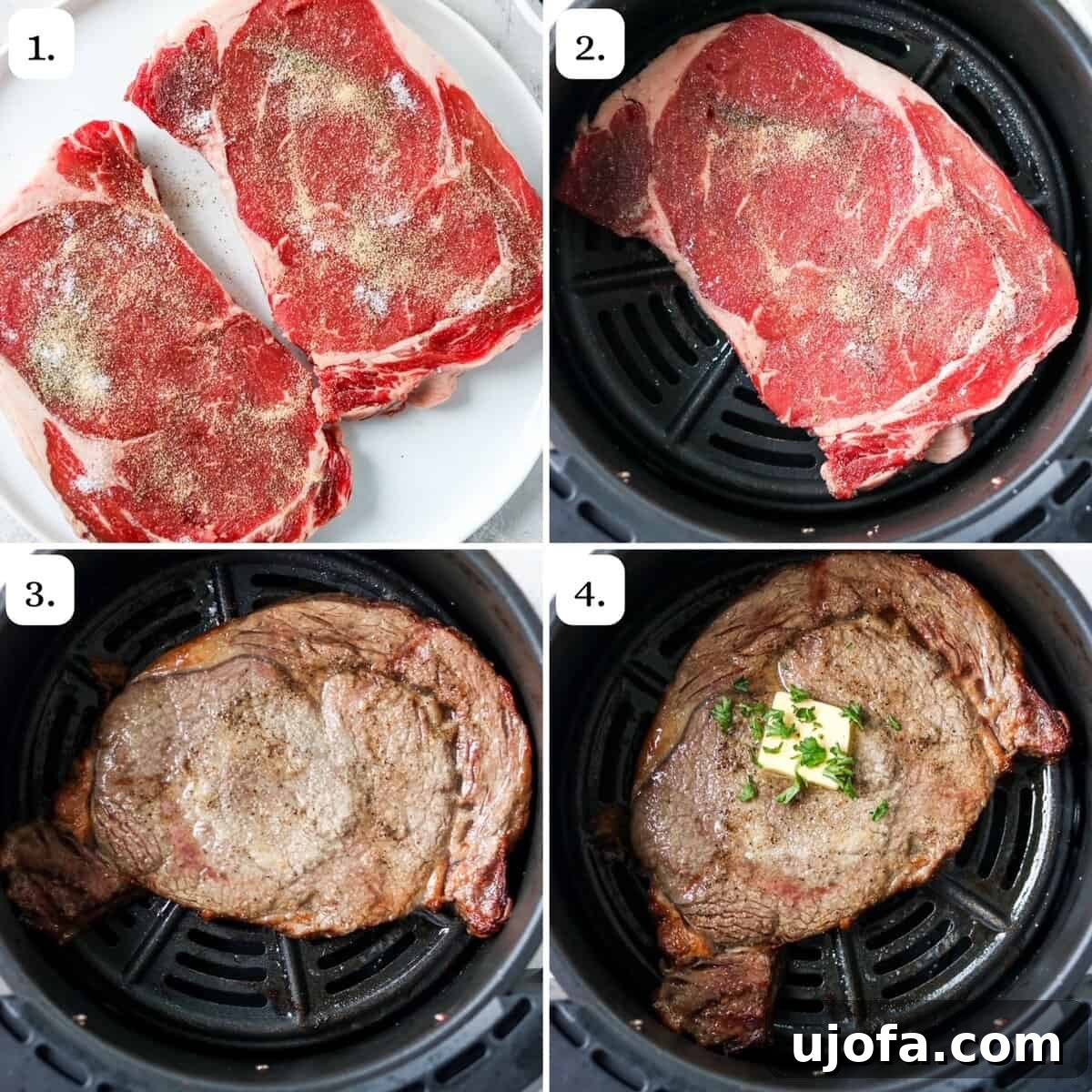 Step-by-step visuals illustrating the process of cooking ribeye steaks to perfection in an air fryer.