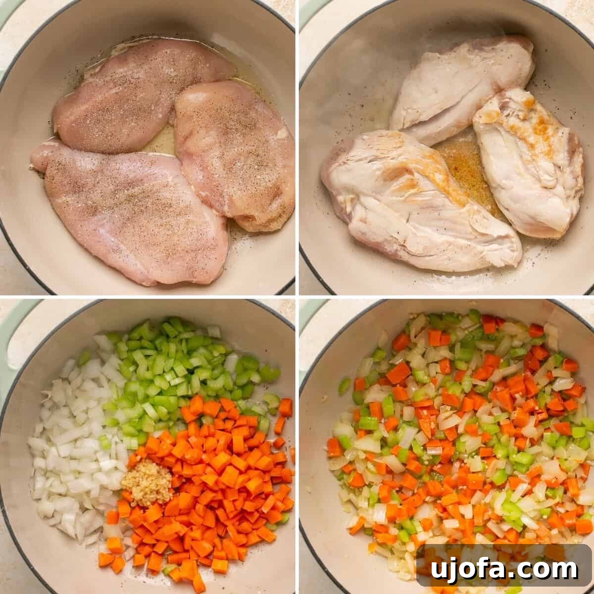Effortless Gluten-Free Chicken and Dumplings 4 Four sequential images showing the initial steps of searing chicken and sautéing vegetables for gluten-free chicken and dumplings.