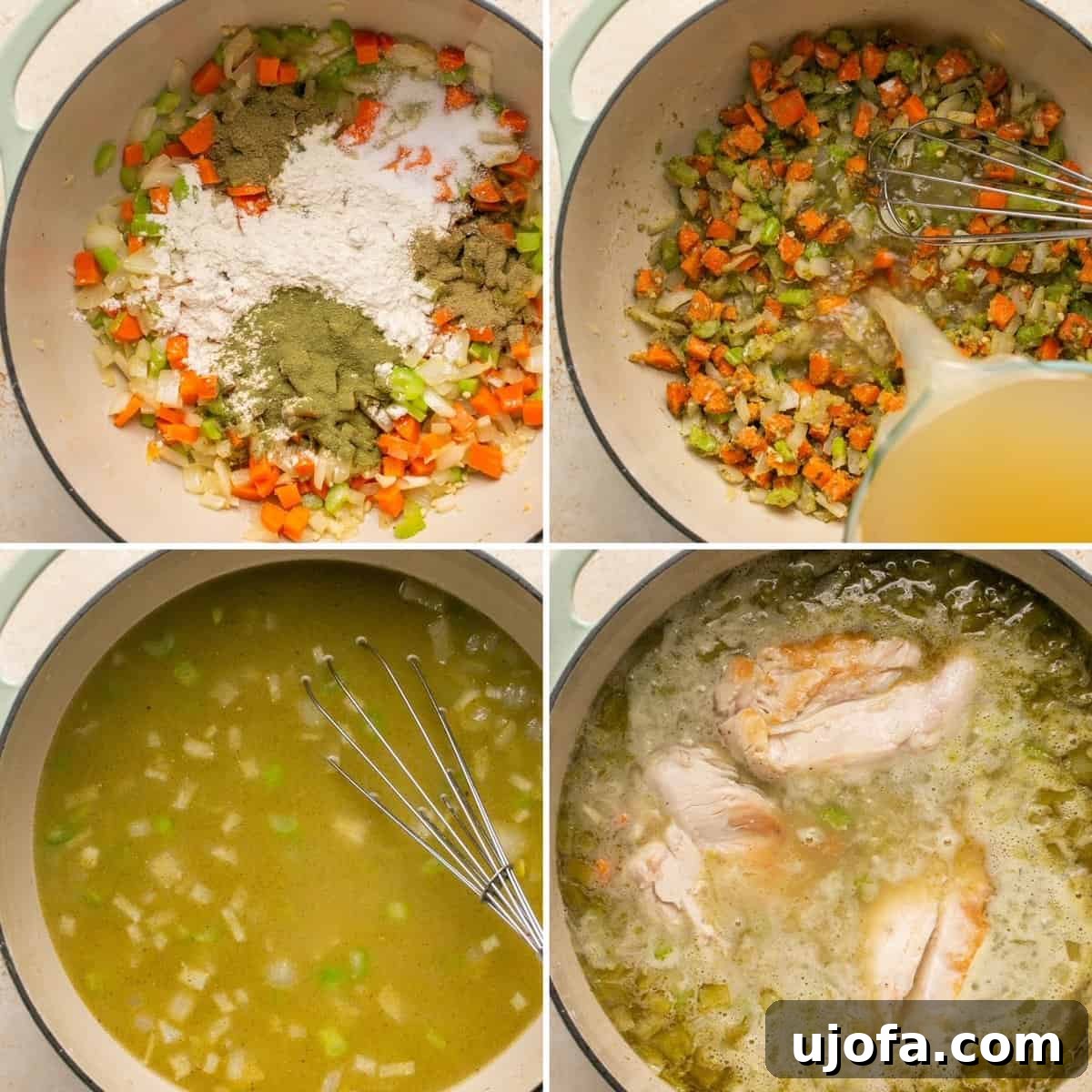 Effortless Gluten-Free Chicken and Dumplings 5 Four sequential images demonstrating how to add seasonings, flour, broth, and chicken back to the pot for the chicken and dumplings base.