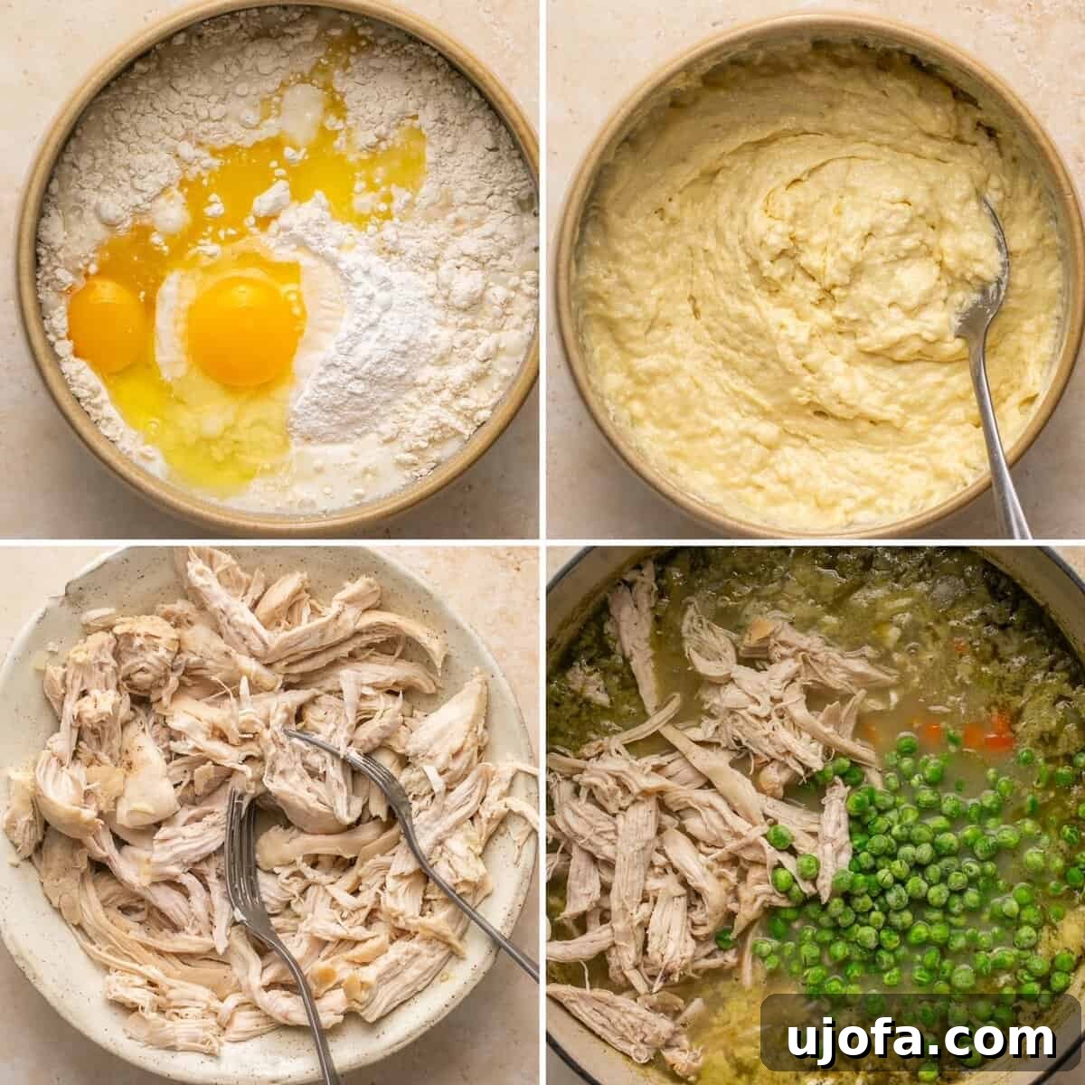 Effortless Gluten-Free Chicken and Dumplings 6 Four sequential images illustrating the process of preparing dumpling dough, shredding chicken, and combining ingredients for gluten-free chicken and dumplings.