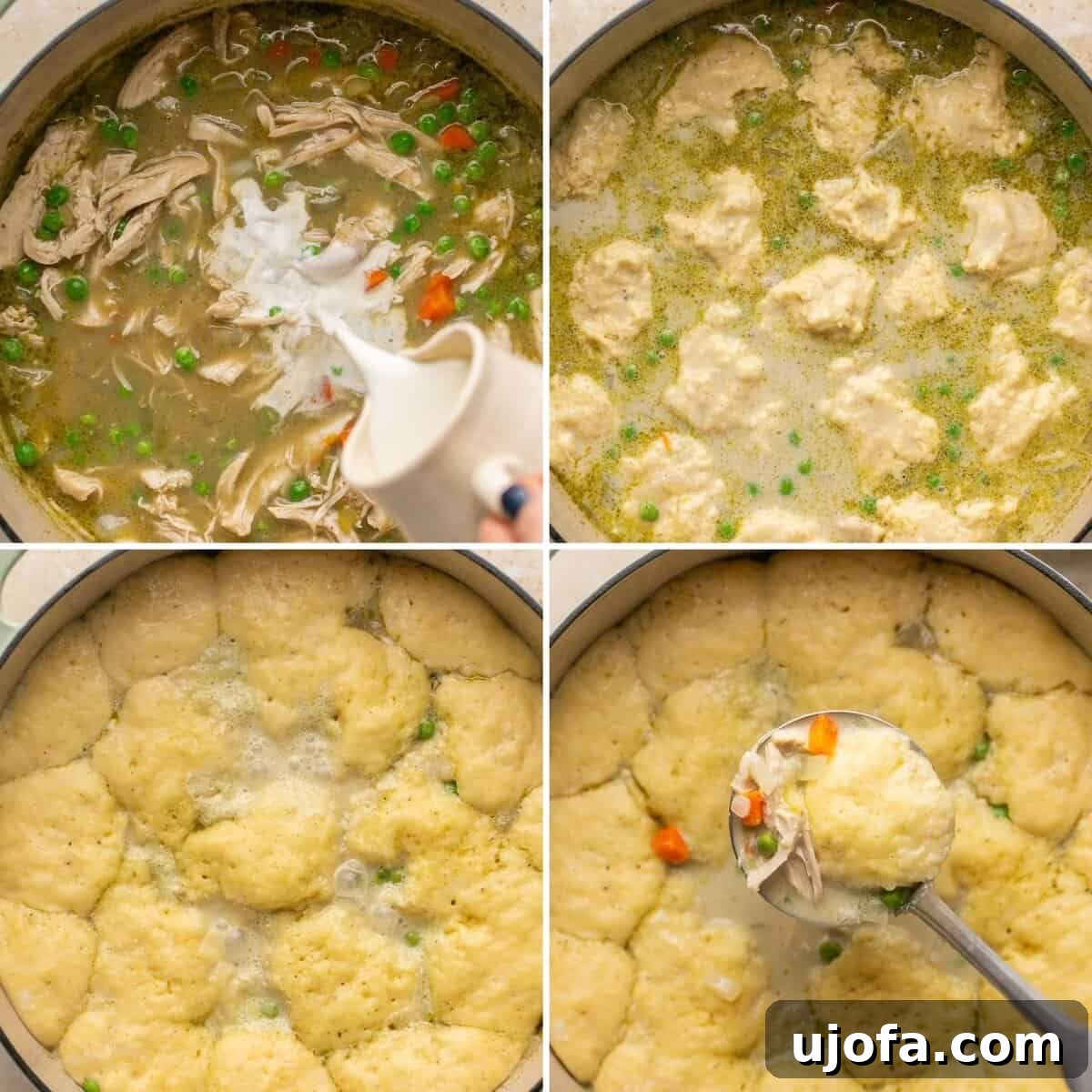 Effortless Gluten-Free Chicken and Dumplings 7 Four sequential images depicting the final steps of adding half & half, scooping dumplings onto the soup, covering to cook, and serving gluten-free chicken and dumplings.