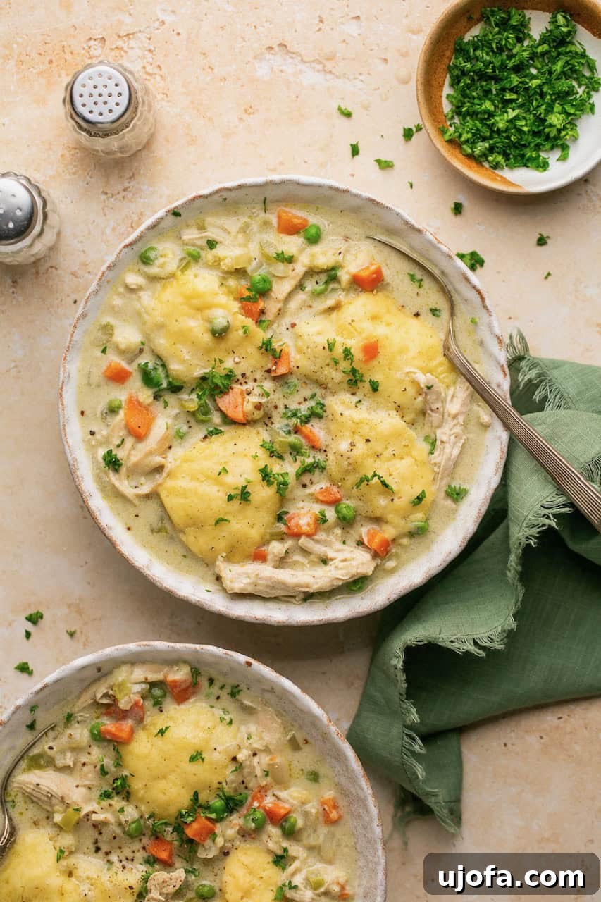Effortless Gluten-Free Chicken and Dumplings 8 Two inviting bowls of gluten-free chicken and dumplings, ready to be served on a rustic table with a green napkin.