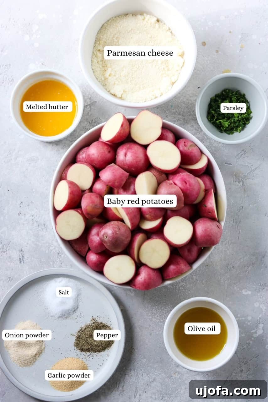 Parmesan Crusted Crispy Potatoes 3 A flat lay image displaying the fresh ingredients required to make crispy Parmesan potatoes, including baby potatoes, grated Parmesan cheese, butter, olive oil, and various herbs and spices.