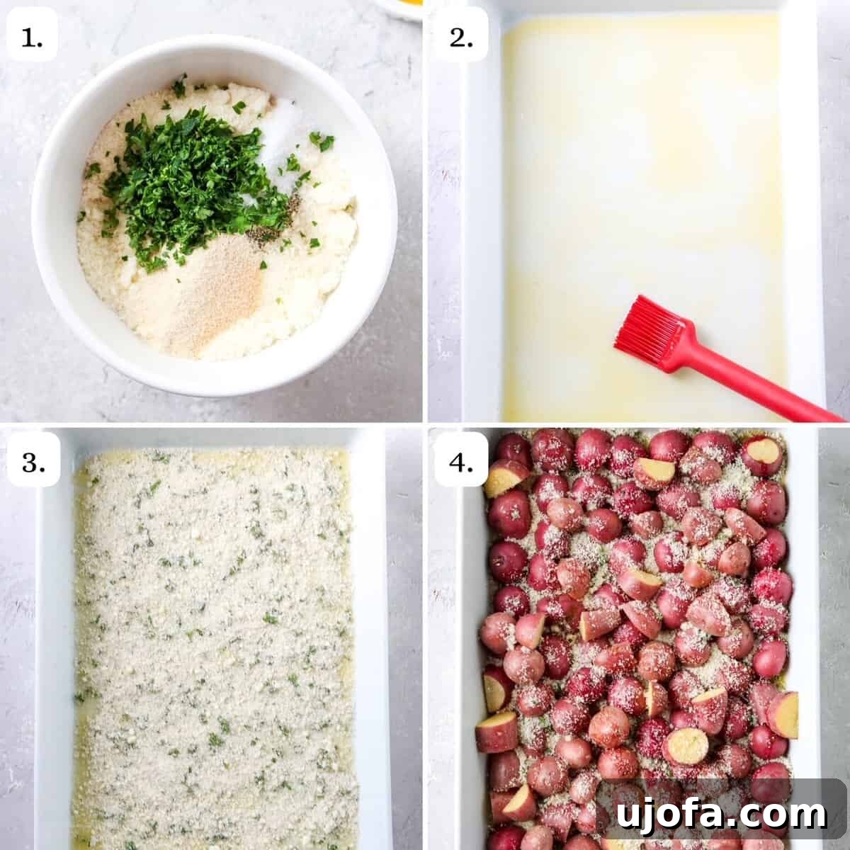 Parmesan Crusted Crispy Potatoes 4 A collage of sequential images depicting the step-by-step process of preparing crispy Parmesan potatoes, from mixing ingredients to placing potatoes in the baking dish.