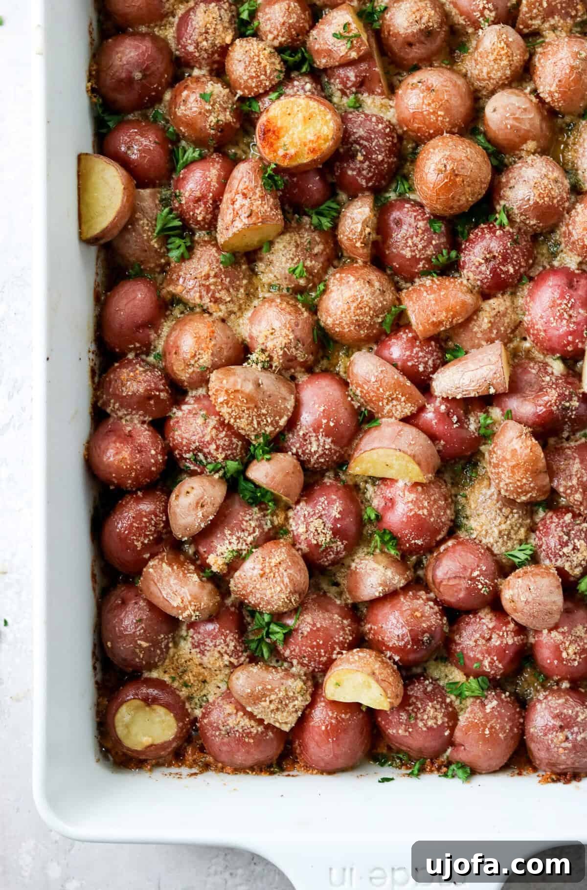 Parmesan Crusted Crispy Potatoes 5 A white baking dish filled with freshly roasted crispy Parmesan potatoes, showcasing their golden-brown and textured crust.