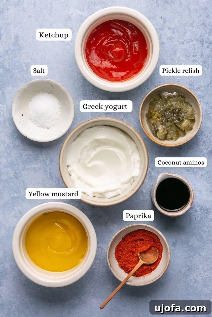 All the ingredients for healthy Big Mac sauce laid out on a surface
