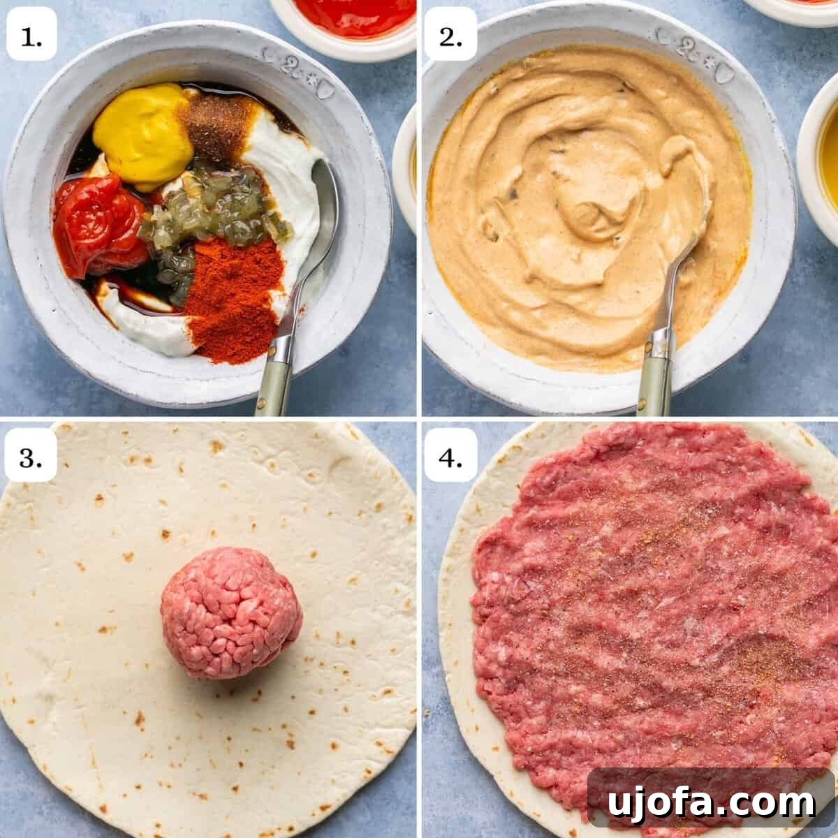 A four-panel photo collage illustrating the initial steps of making Smash Burger tacos: preparing Big Mac sauce, forming beef balls, and spreading beef onto tortillas.