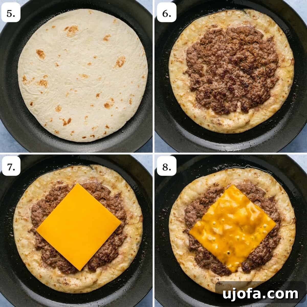 A four-panel photo collage demonstrating how to cook big mac tacos in a skillet: searing meat-side down, flipping, adding cheese, and melting cheese.