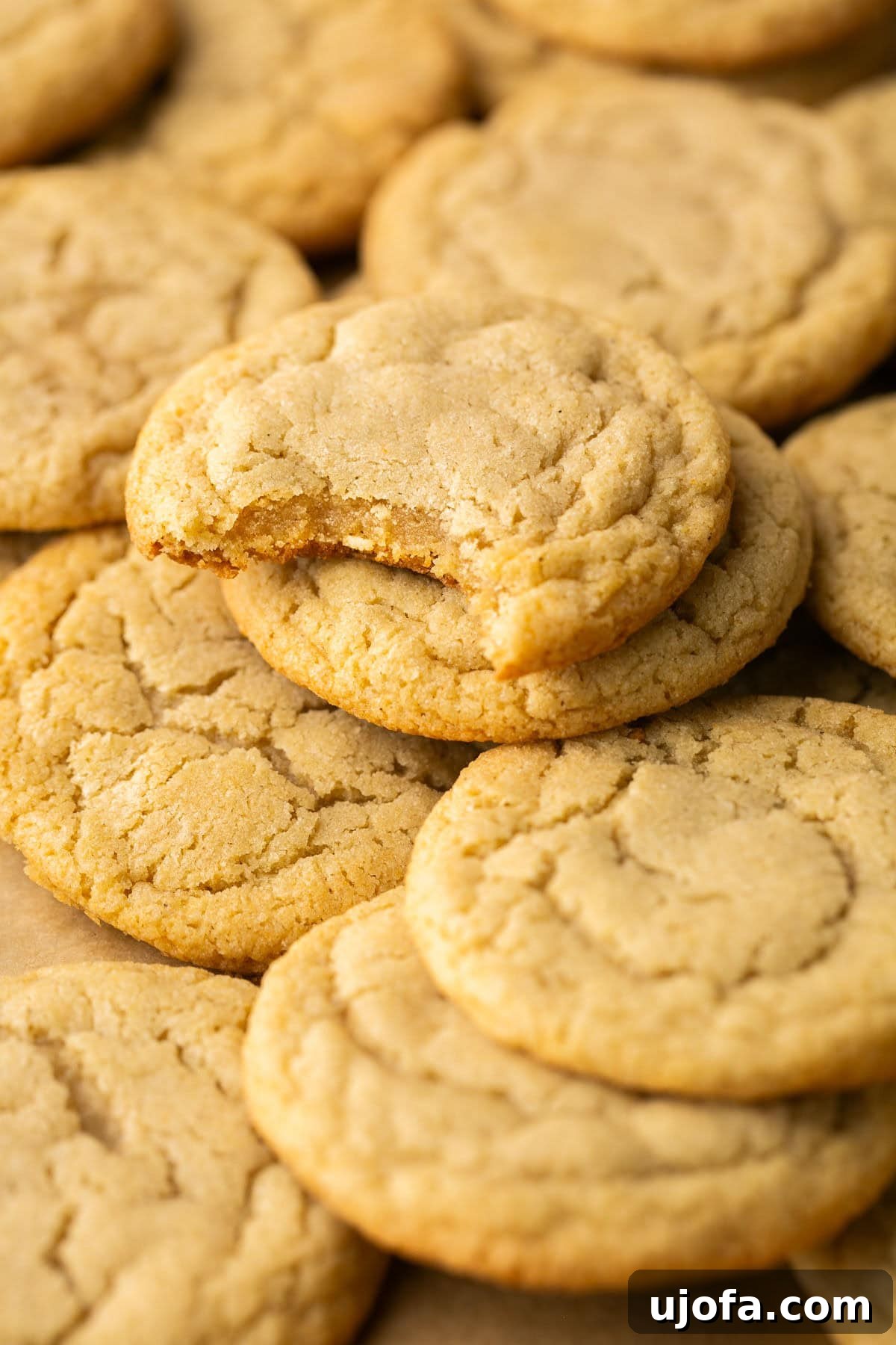 A chipless cookie with a bite taken out, showcasing its soft interior, resting on a pile of other cookies.