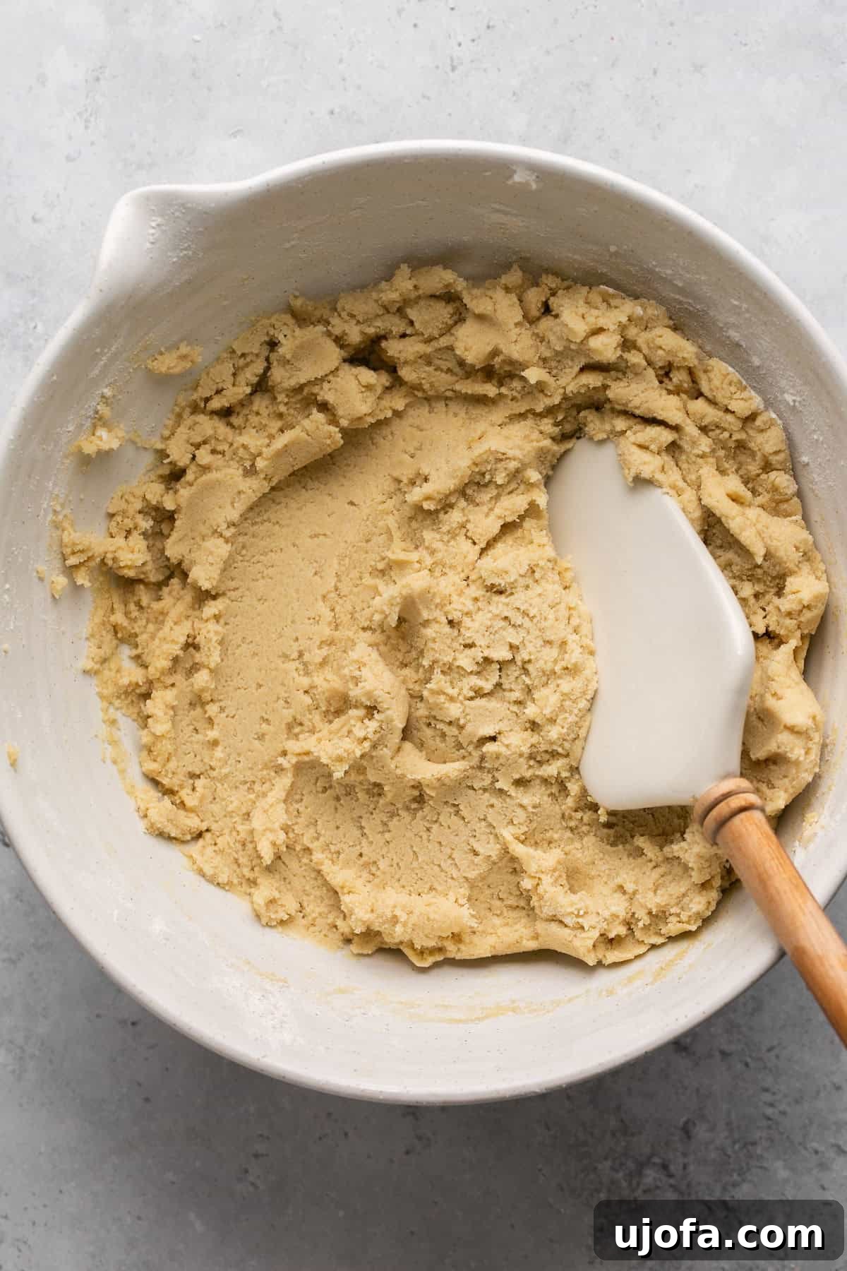 Finished cookie dough in a mixing bowl with a white rubber spatula.
