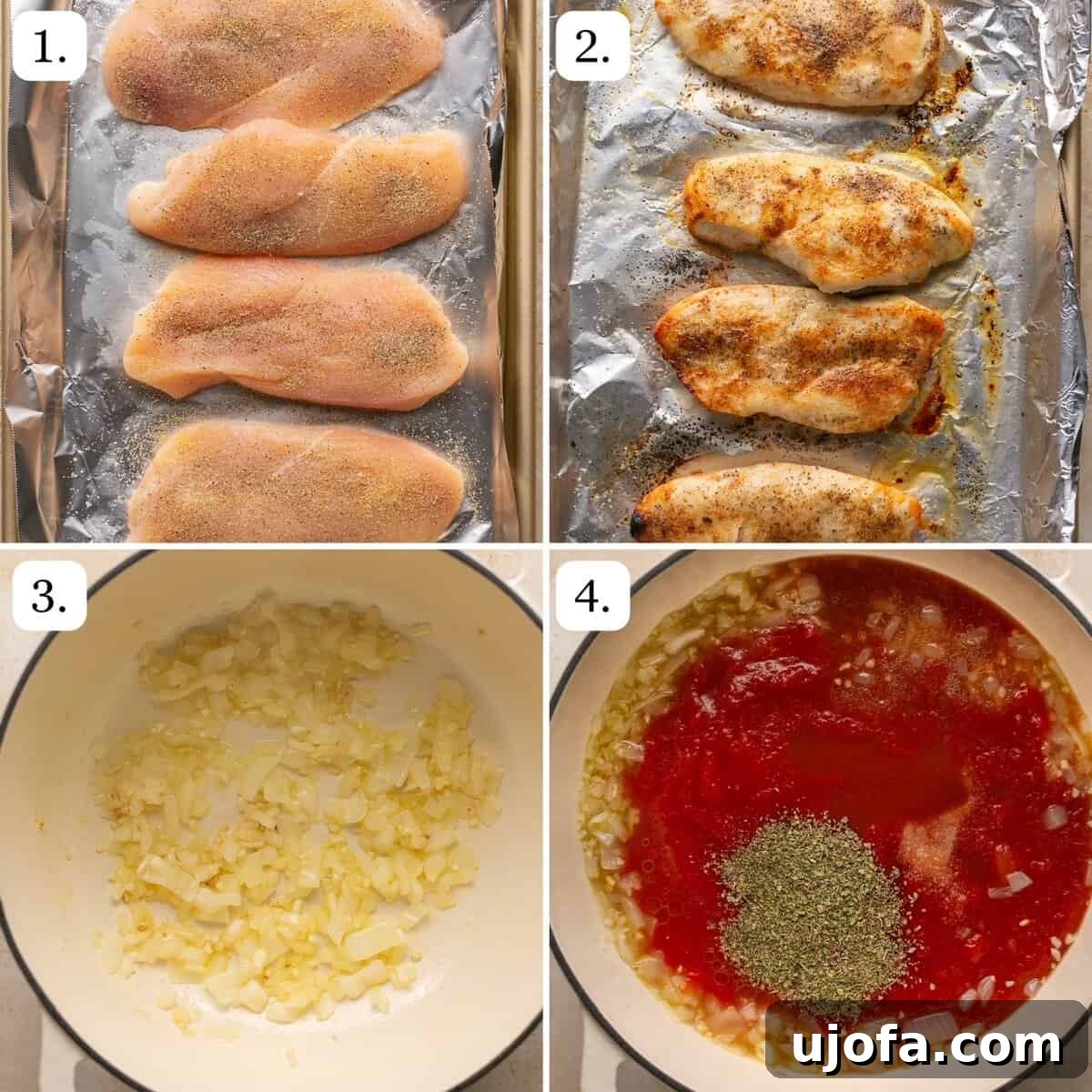 the first four steps for making chicken and penne vodka