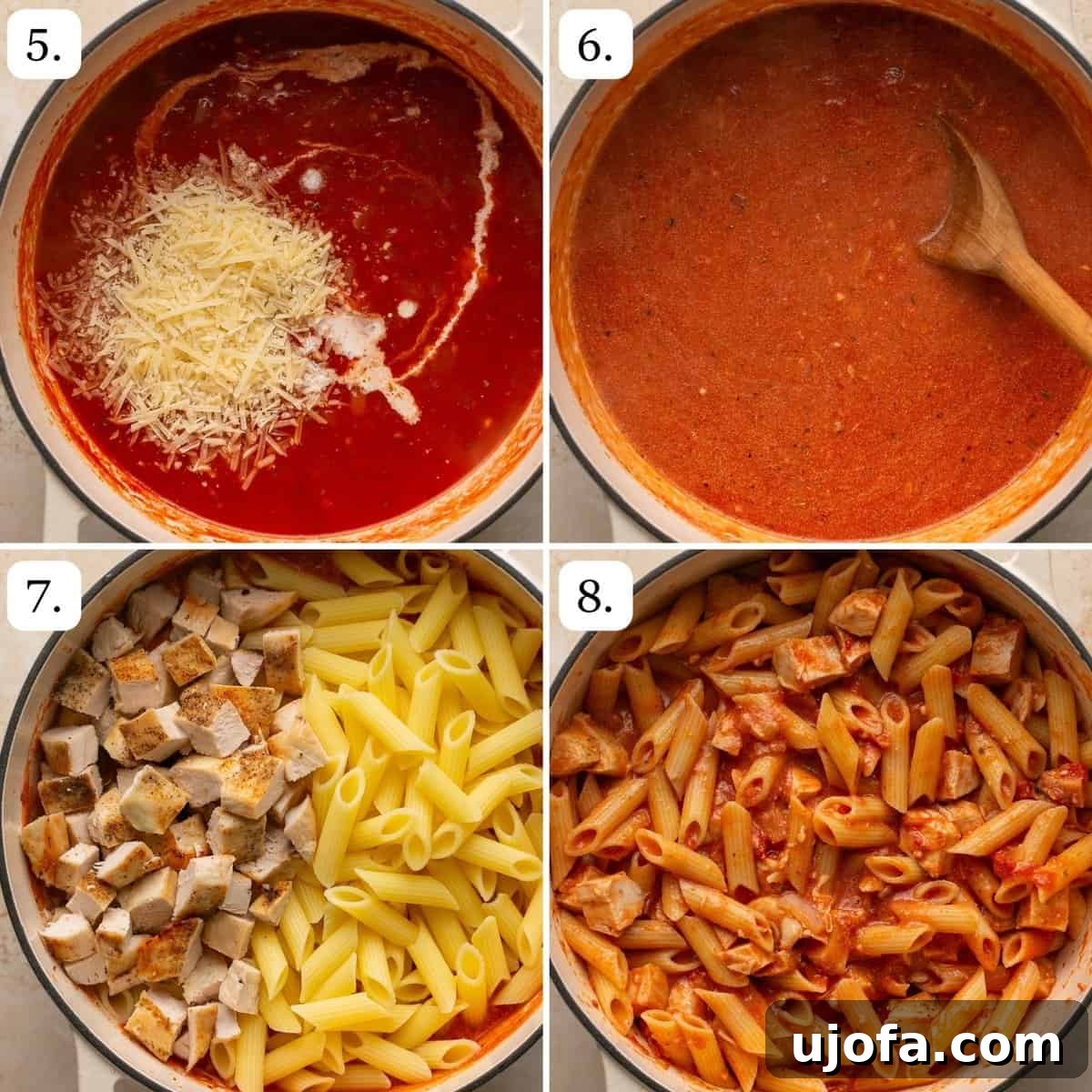 Steps 5-8 for making chicken and penne vodka in 4 quadrants