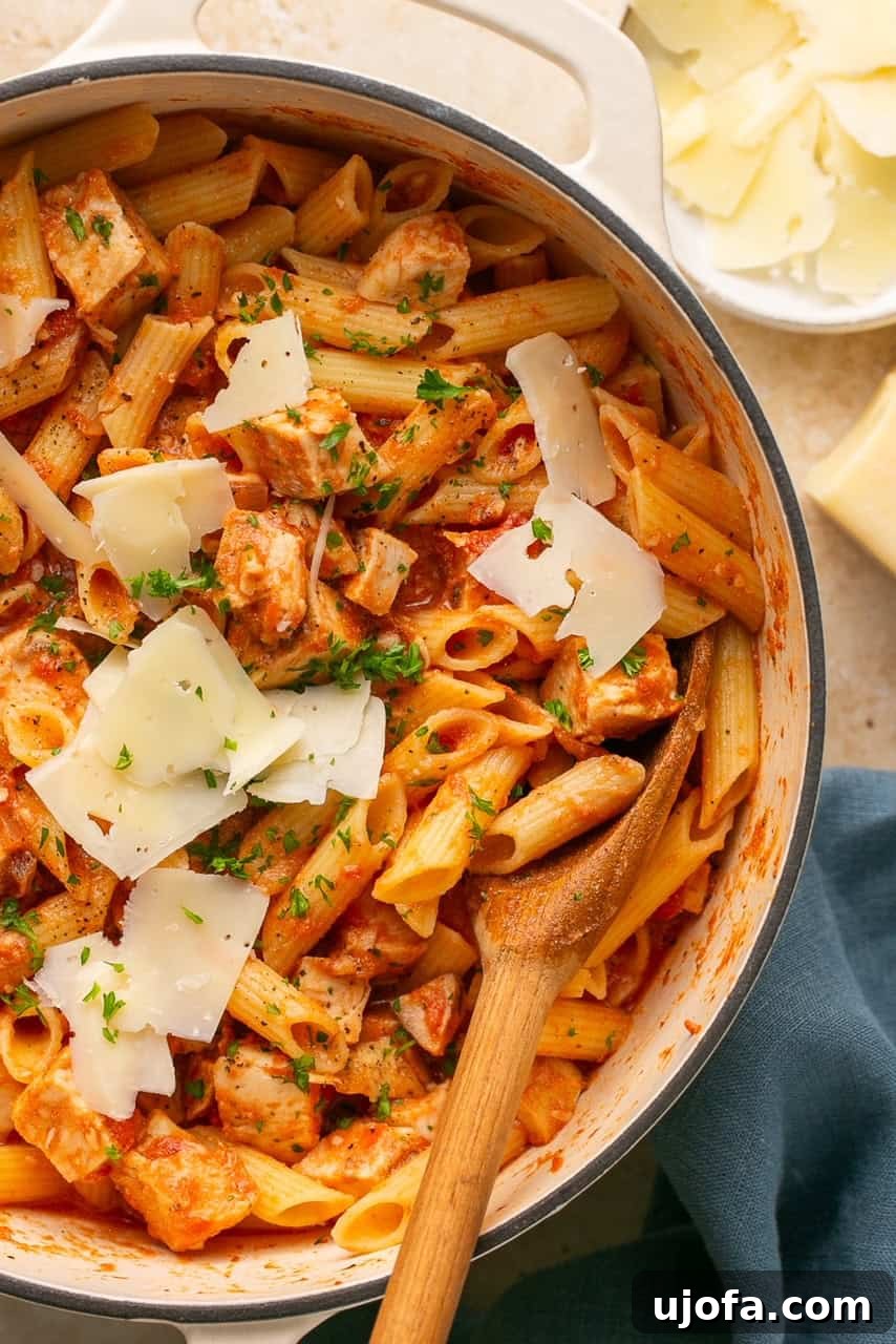 a close-up of a pot of penne vodka with chicken 