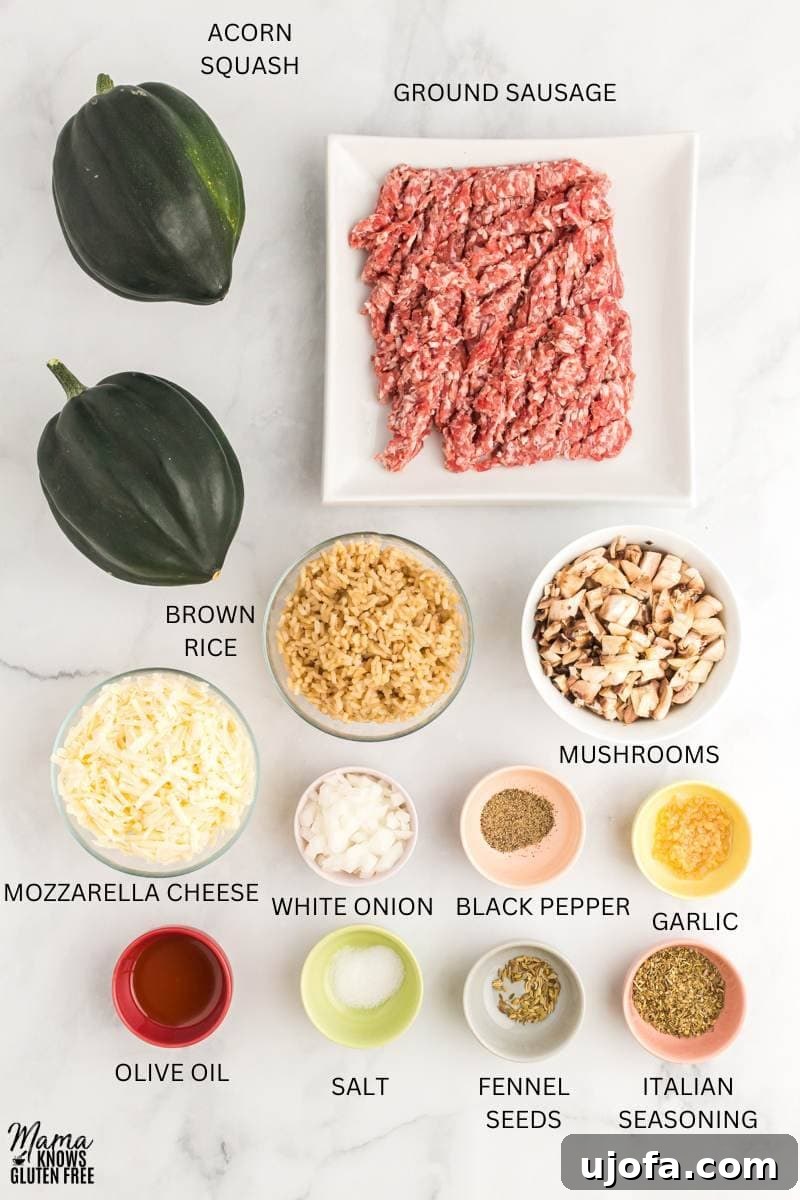 All the fresh ingredients for Gluten-Free Stuffed Acorn Squash, including squash, sausage, mushrooms, and spices, meticulously measured out in bowls and plates.