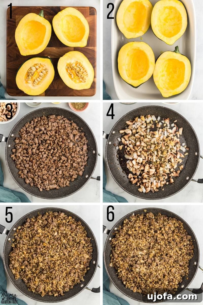 The initial six steps for making Gluten-Free Stuffed Acorn Squash, showing preparation and roasting.