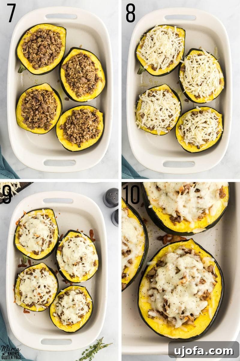 The final four steps for making Gluten-Free Stuffed Acorn Squash, focusing on stuffing and final bake.