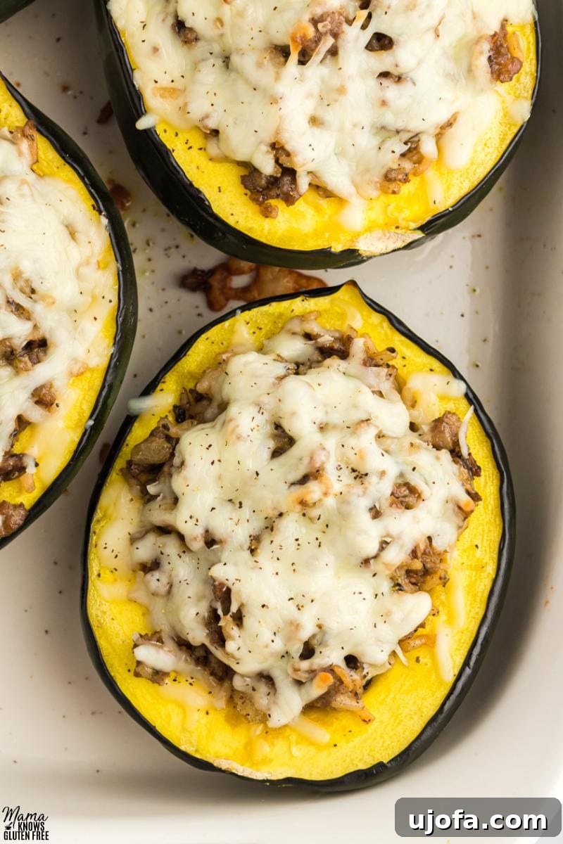 A close-up view of a gluten-free stuffed acorn squash half in a baking pan, showing the golden, melted cheese and hearty filling, fresh from the oven.