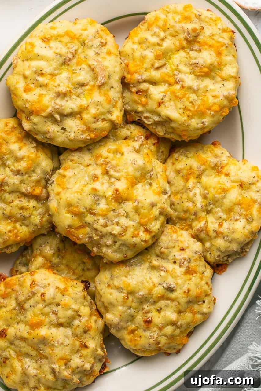 Sausage and cheddar protein biscuits arranged on a platter for a savory breakfast