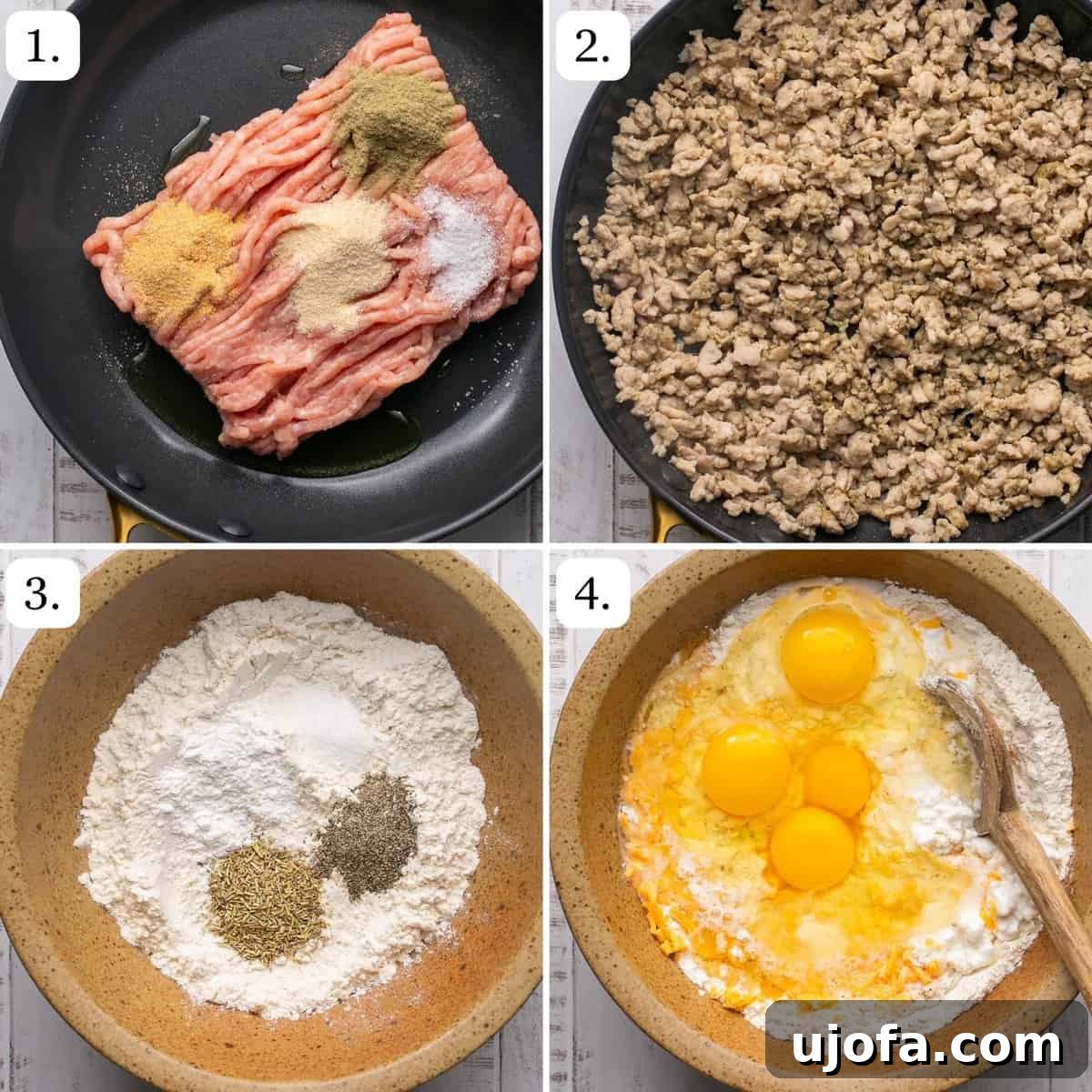 The first four steps for making gluten-free sausage cheddar biscuits shown in a visual guide