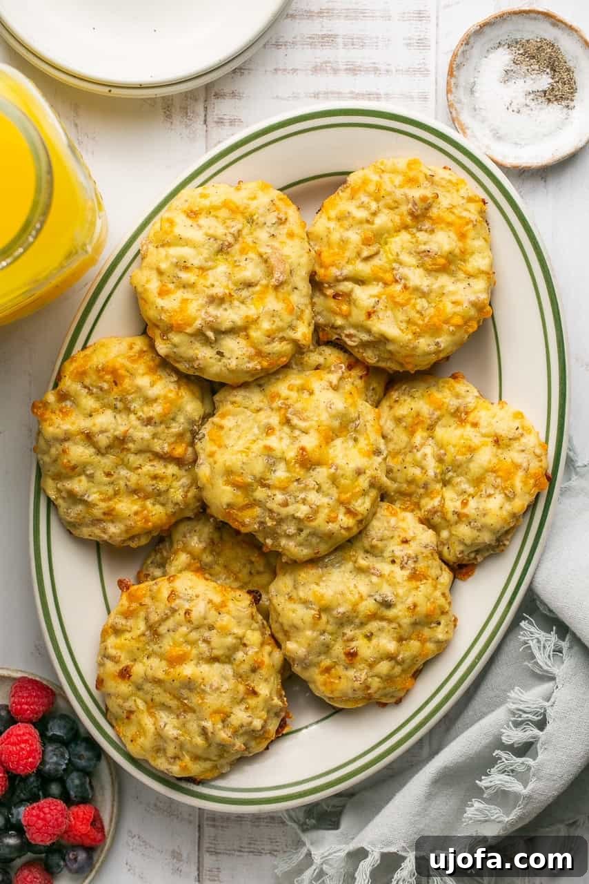 Gluten-free sausage cheddar biscuits on a rustic platter