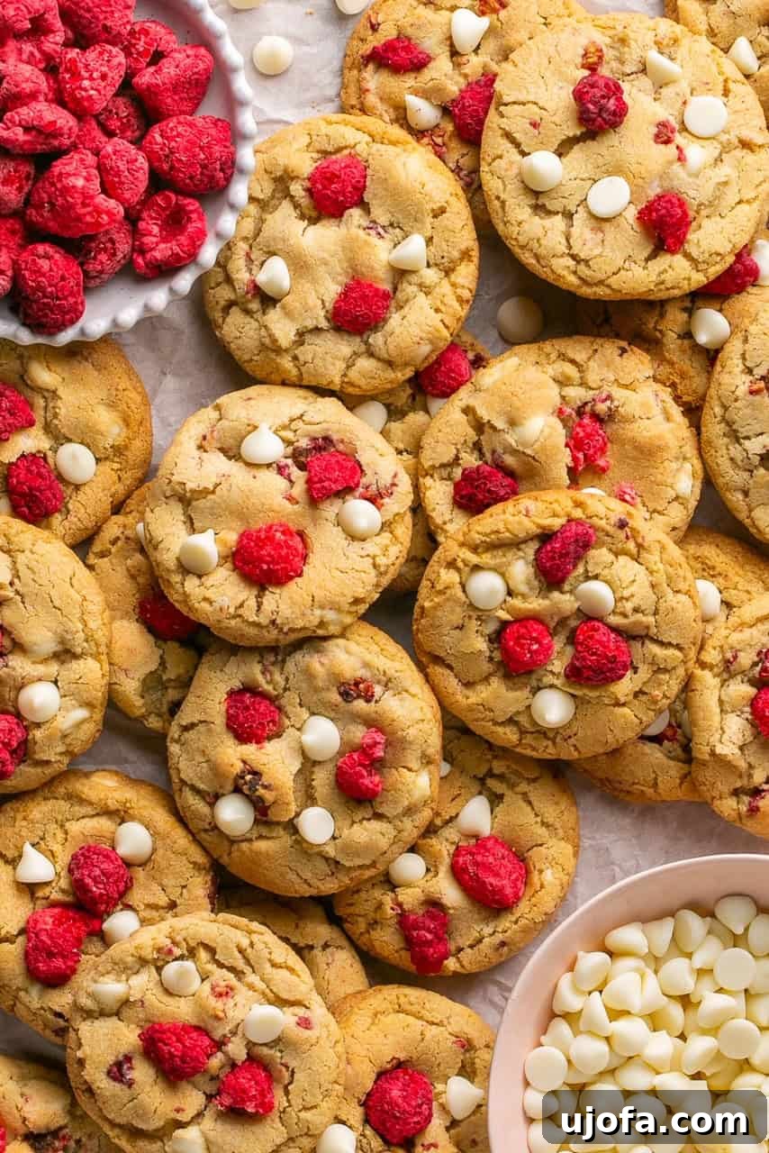 A delectable spread of gluten-free raspberry and white chocolate chip cookies, accompanied by a bowl of vibrant dried raspberries and creamy white chocolate chips