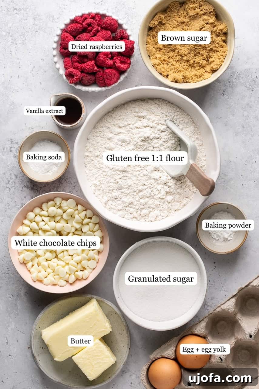 A curated selection of fresh ingredients laid out for baking delicious white chocolate raspberry cookies, emphasizing quality and preparation.