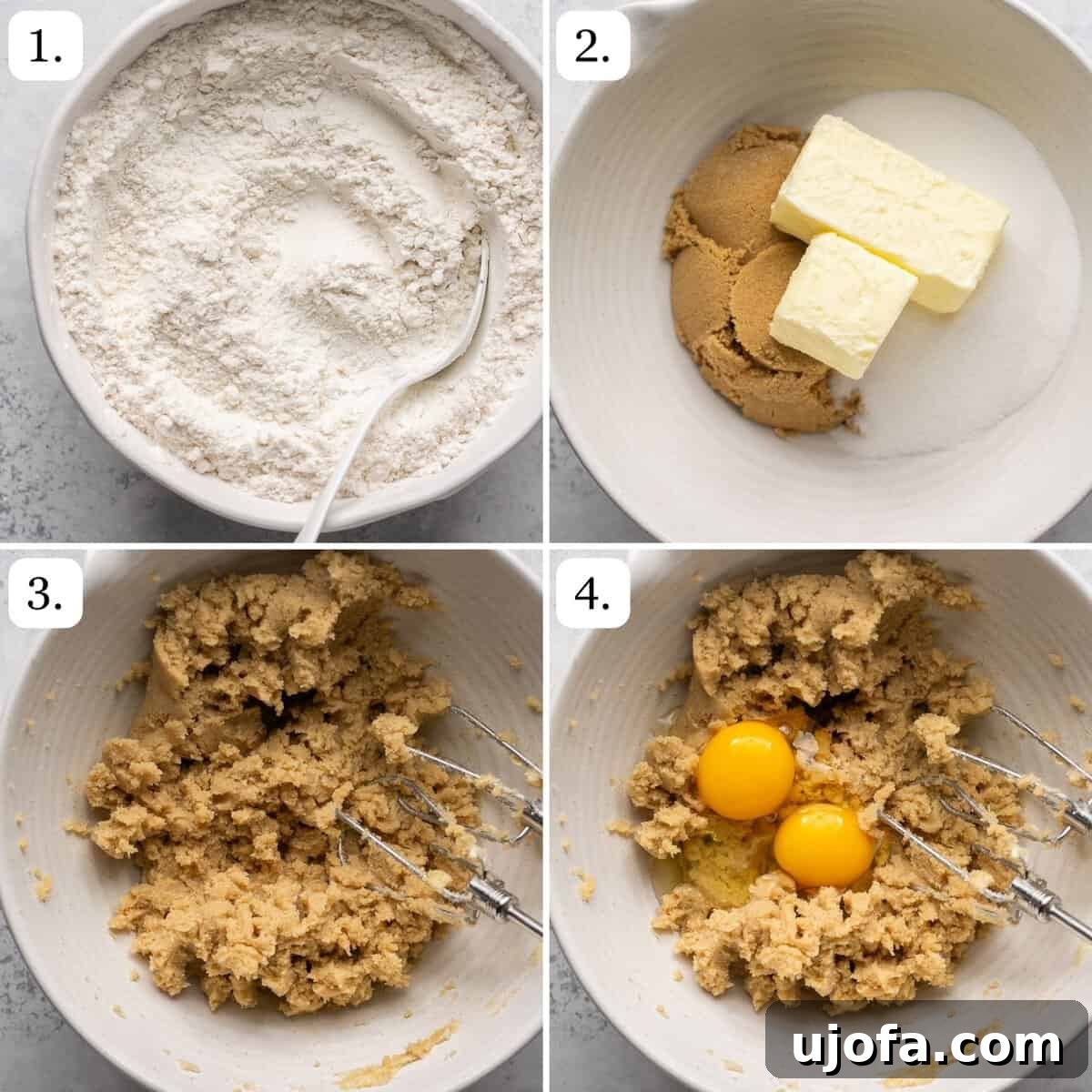 A visual guide depicting the initial four steps for crafting perfect gluten-free raspberry white chocolate cookies, illustrated clearly for easy following.
