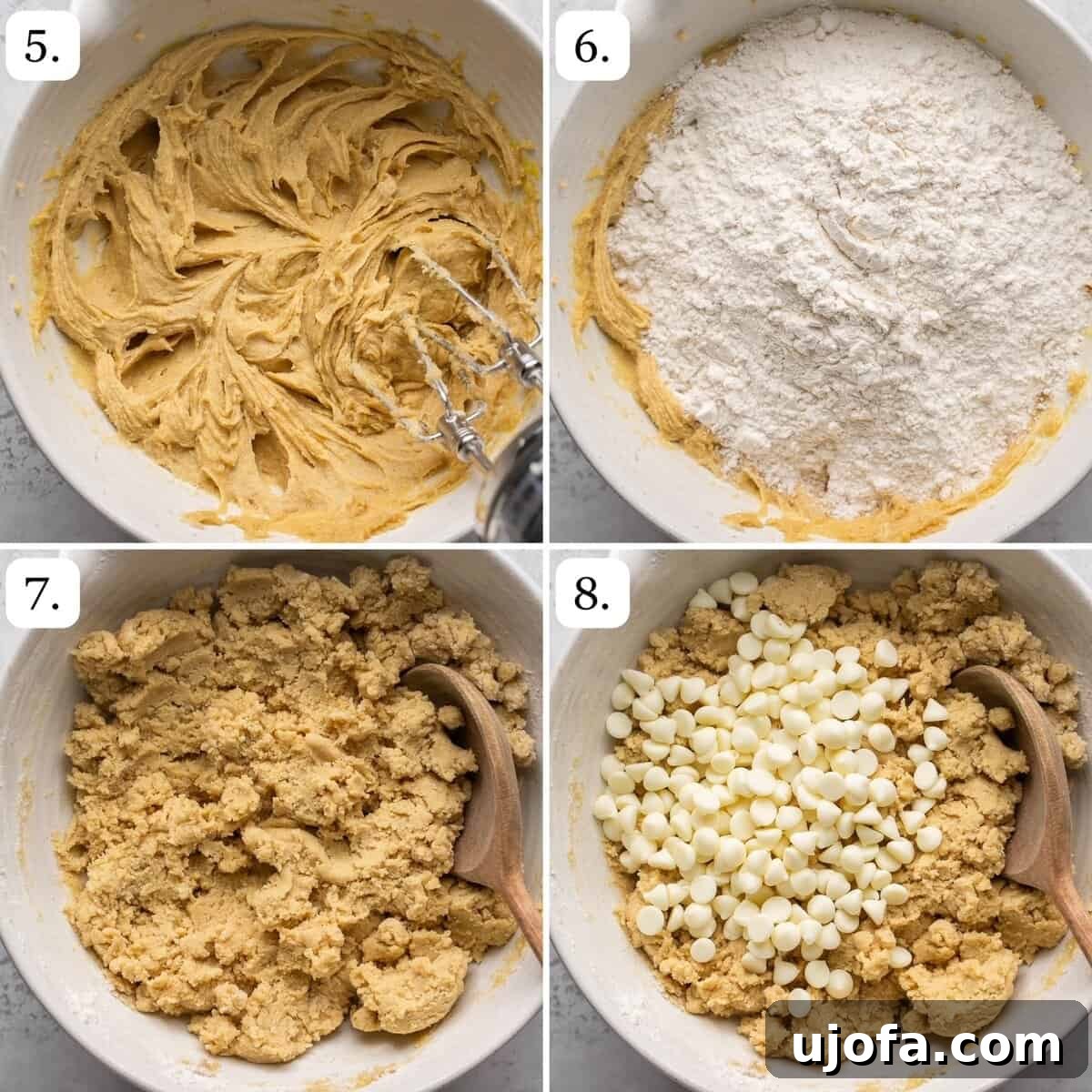A visual breakdown of steps 5 through 8 for making delicious white chocolate raspberry cookies, organized in four clear quadrants.